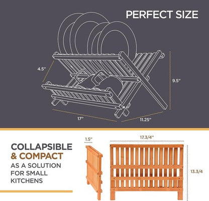 Bambusi Collapsible Bamboo Dish Drying Rack - Eco-Friendly 2-Tier Foldable Drainer for Kitchen Countertop