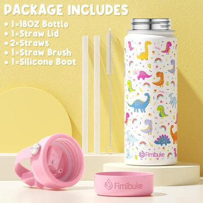 Fimibuke Kids Insulated Water Bottle - 18oz BPA-Free Stainless Steel Tumbler | Leak-Proof White Dinosaur Design