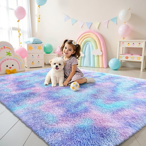 OLANLY Area Rugs for Living Room Bedroom, Machine Washable 4x5.9 Feet Soft Fluffy Shaggy Bedside Rug, Indoor Floor Carpet for Kids Girls and Boys, Nursery Room, Home Decor Aesthetic, Purple Rainbow