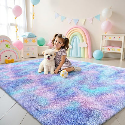 OLANLY Area Rugs for Living Room Bedroom, Machine Washable 4x5.9 Feet Soft Fluffy Shaggy Bedside Rug, Indoor Floor Carpet for Kids Girls and Boys, Nursery Room, Home Decor Aesthetic, Purple Rainbow