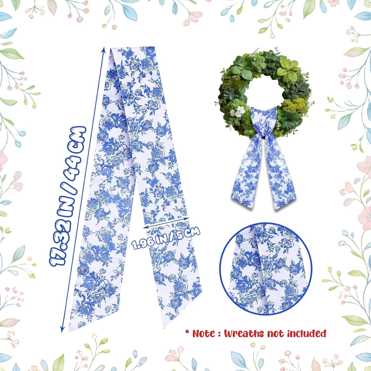 AZYM Wreath Sash Set - Romantic Blue Floral Ribbon for Front Door & Indoor Decor | 2 Pcs