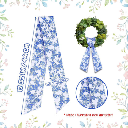 AZYM Wreath Sash Set - Romantic Blue Floral Ribbon for Front Door & Indoor Decor | 2 Pcs