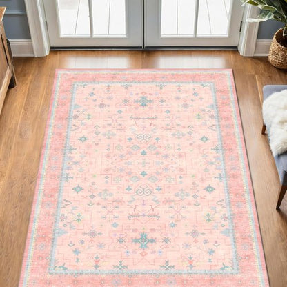 Hazo Haus Nursery Area Rug 4x6 - Charming Pink Boho Vintage Design | Washable Non-Slip for Kids Rooms