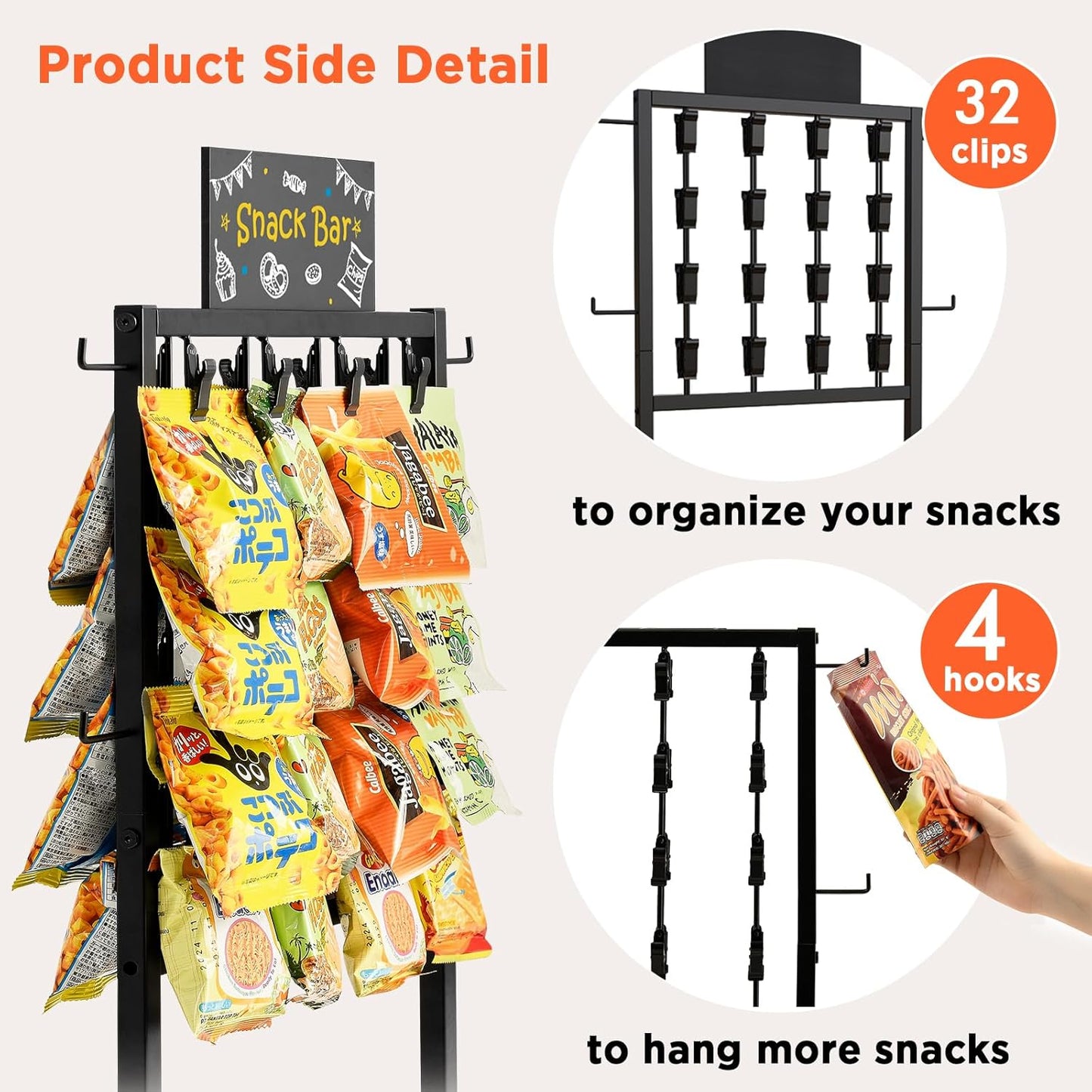 Poyilooo Snack Bar Display Rack - 4-Tier 360° Rotating Clip Organizer for Candy & Snacks | Black