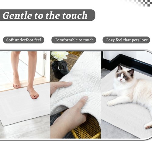 Mrs Awesome Soft 100% Cotton Bath Mat with Hot-melt Non-Slip Backing, 20" x 32" Comfortable & Absorbent Washable Textured Woven Rug for Bathroom, White