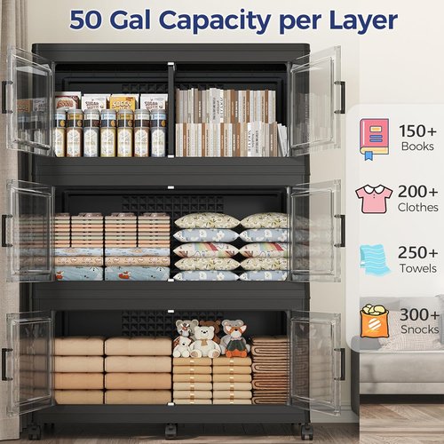 150GAL Extra Large Storage Bins - Stackable Closet Organizers with Lids | 3-Pack Black, Collapsible Design