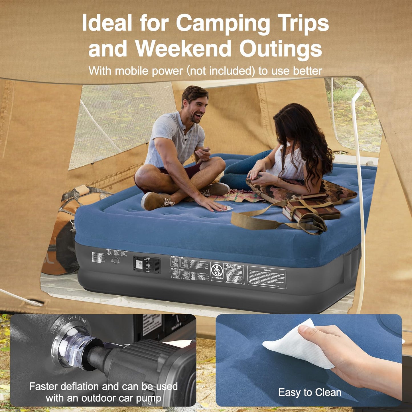 Lewondr Queen Air Mattress with Built in Pump, 18" Deluxe Blow Up Mattress Airbed, Comfy Self Inflating Air Mattress, 3Min Fast Inflatable Mattress for Camping, Home, Guests, Travel(661lb MAX), Blue