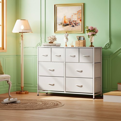 WLIVE Dresser for Bedroom with 8 Drawers, Wide Fabric Dresser for Storage and Organization, Bedroom Dressers, Chest of Drawers for Living Room, Closet, Hallway, White