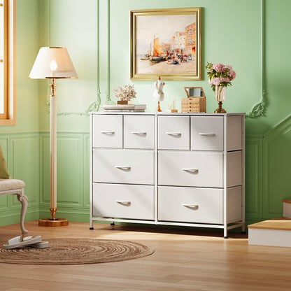 WLIVE Dresser for Bedroom with 8 Drawers, Wide Fabric Dresser for Storage and Organization, Bedroom Dressers, Chest of Drawers for Living Room, Closet, Hallway, White