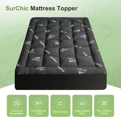 ViscoSoft Queen Size Mattress Topper - Soft Bamboo Pillow Top for Back Pain Relief | Cooling Dark Grey