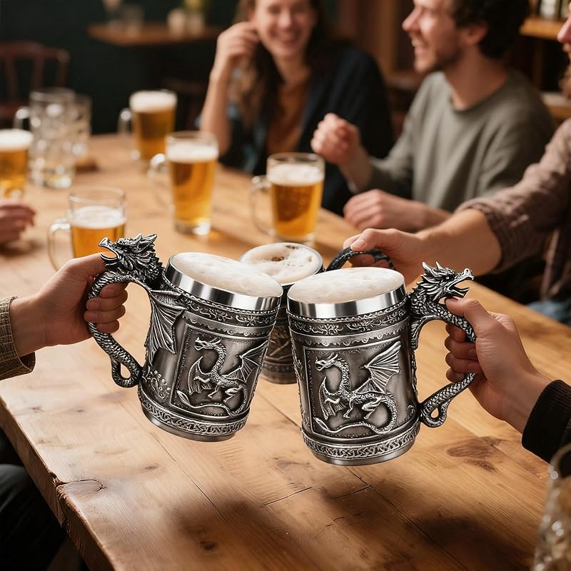 Silver Variation Medieval Roaring Dragon Beer Mug 16oz – Resin Exterior with Stainless Steel Lining