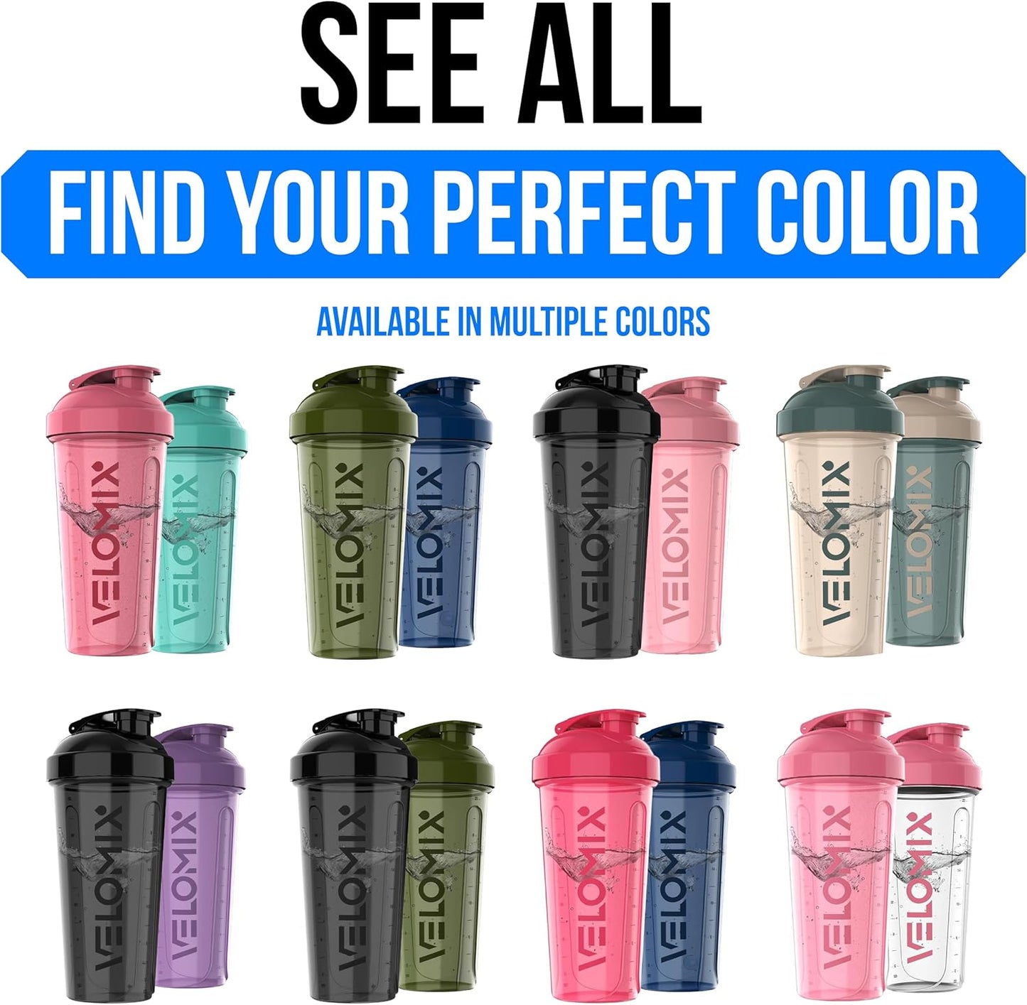 Velomix Protein Shaker Bottles - 28 oz Leak Proof Design with 2 Wire Whisks | 2-Pack (Black/Transparent)