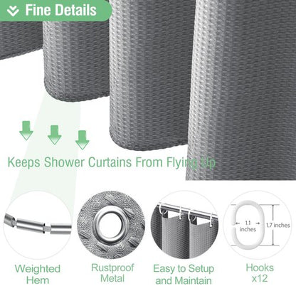 Dynamene Extra Long Fabric Shower Curtain - Waffle Weave 90 Inches Long Heavy Duty Cloth Shower Curtains for Bathroom, 256GSM Tall Hotel Luxury Bath Curtain Set with 12 Plastic Hooks,Grey/Gray