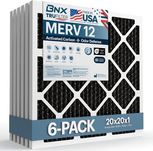 BNX TruFilter MERV 12 Odor Defense AC Furnace Air Filter - 20x20x1 Size | 6-Pack with Activated Carbon - Made in USA
