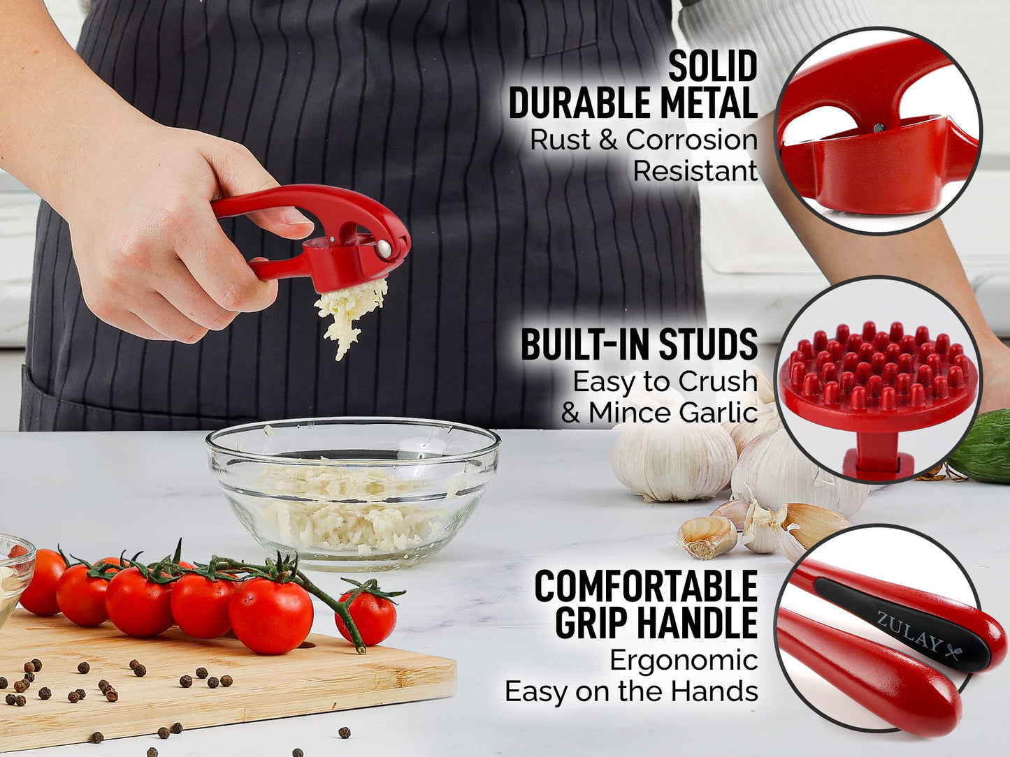 Zulay Kitchen Premium Garlic Press Set - Rust Proof & Dishwasher Safe Professional Garlic Mincer Tool - Easy-Squeeze, Easy-Clean with Soft, Ergonomic Handle - Silicone Garlic Peeler & Brush (Red)