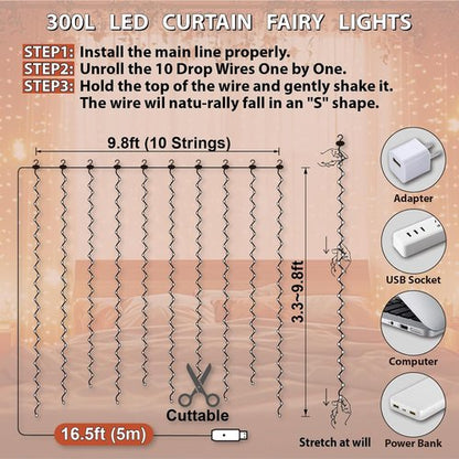 HXWEIYE 300LED Fairy Curtain Lights - 9.8x9.8Ft USB Plug-In with 8 Modes & Remote | Orange, 1 Pack for Bedroom & Wedding Decor