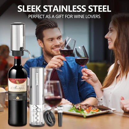 4-in-1 Rechargeable Electric Wine Opener Wine Aerator Gift Set with Electric Wine Decanter, Wine Stopper, Foil Cutter, Automatic Electric Wine Bottle Opener for Home Bar Parties, Stainless Steel