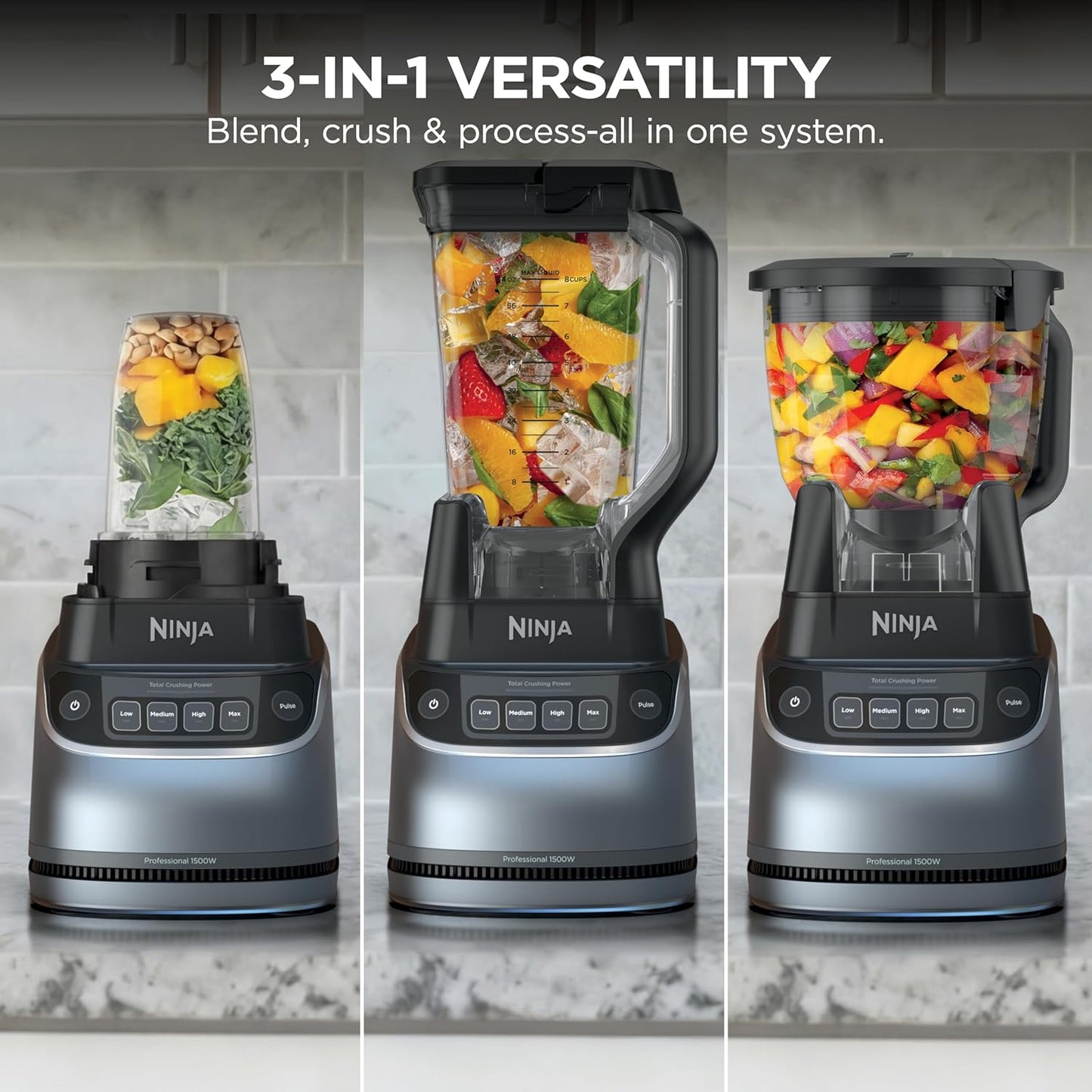 Ninja UltraCrush Professional Kitchen System - 1500W Blender & Food Processor with 72oz Capacity | Silver | Total Crushing Technology for Smoothies & Chopping