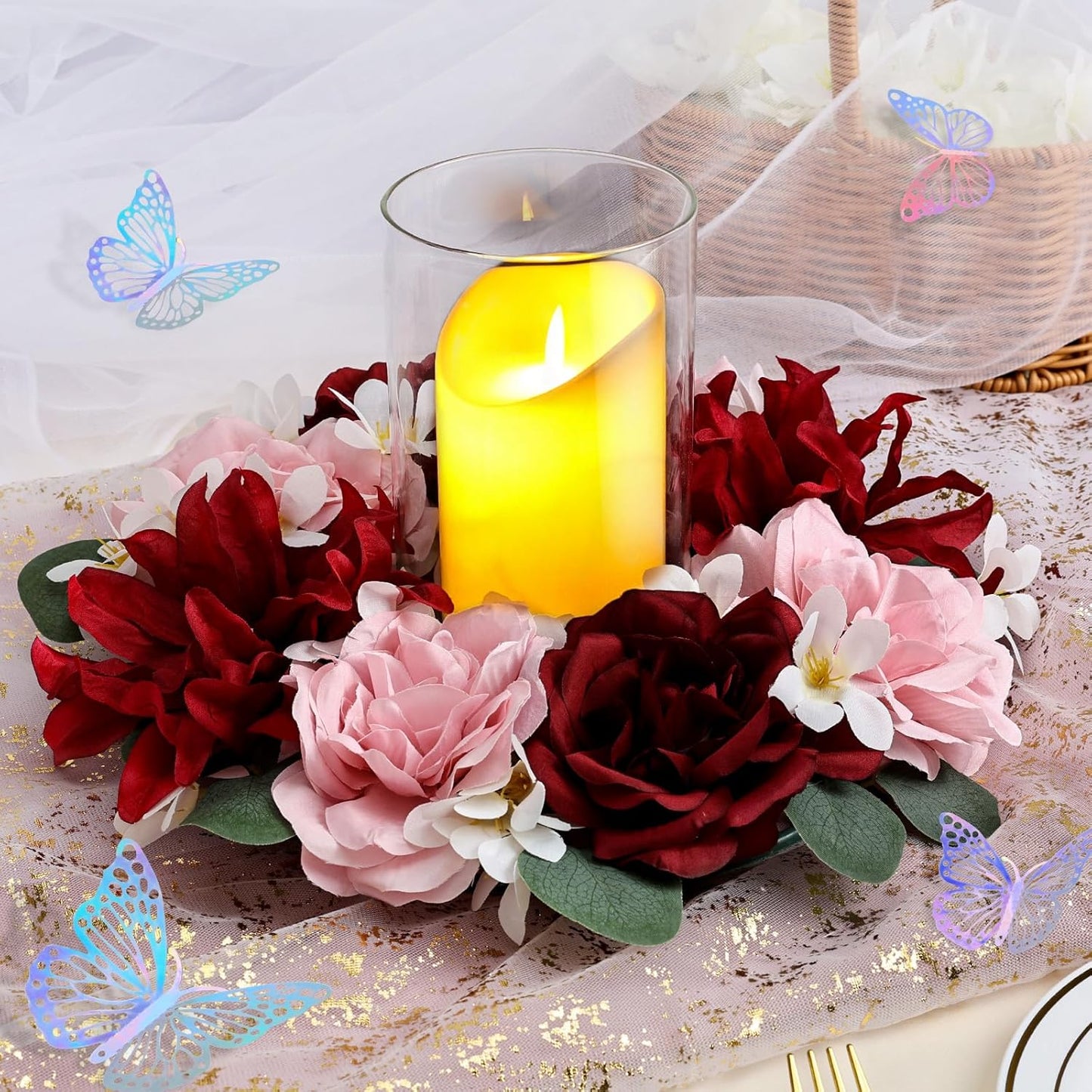 Skiennix Artificial Flower Candle Rings - 6-Inch Rose Floral Wreaths with Butterflies for Wedding Centerpieces | Burgundy & Pink (Set of 2)