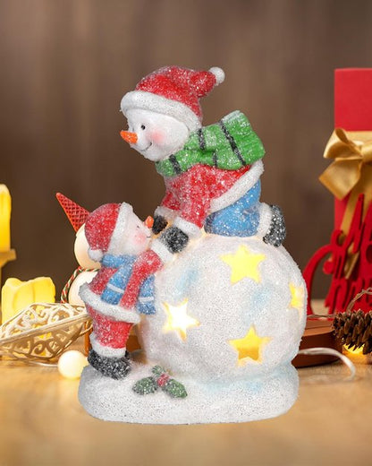 iStatue Snowman and Child Christmas Ornament - LED Light Resin Figurine | Unique Holiday Home Decor