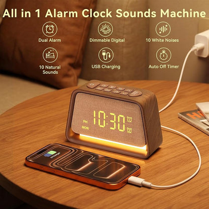 Alarm Clock with White Noise Machine & Night Light – Dark Wood Grain, Dual Alarm
