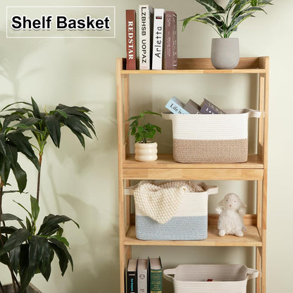OIAHOMY Woven Storage Basket - Rectangle Cotton Rope Organizer for Toys, Towels & Books | 13 x 10 x 9 in, Brown & White