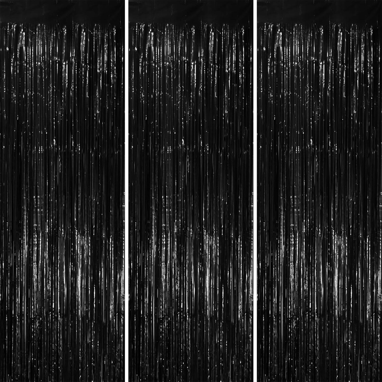 Voircoloria Black Foil Fringe Backdrop Curtains - 3 Pack Tinsel Streamers for Parties & Events | 3.3x8.2 Feet
