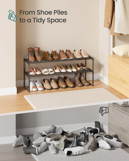 SONGMICS Shoe Rack, 2-Tier Shoe Organizer, Metal Storage Shelf, Upright or Upside Down, for 12-15 Pairs, Stackable, for Entryway, 11.8 x 36.2 x 14.6 Inches, Black ULSA12BK