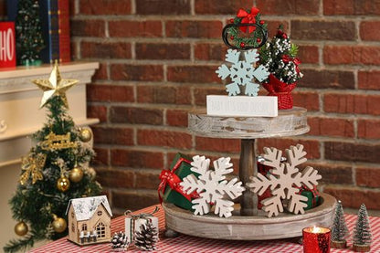 KORMMCO Christmas Snowflake Decor - White Wooden Table Signs | Winter Tiered Tray Decorations (4 Pieces)