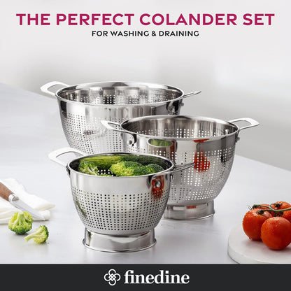 YH-Goods Stainless Steel Colander Set - 3-Piece Stackable Strainers for Pasta, Rice & Fruit | 5QT, 3QT, 1.5QT
