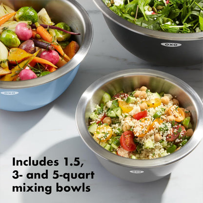OXO Good Grips Mixing Bowl Set - 3-Piece Stainless Steel with Blue and Gray Colors