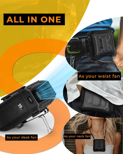 TUNISE Portable Fan - 5-Speed Dual-Sided Clip-On Wearable Waist Fan | 8000mAh Power Bank & Flashlight