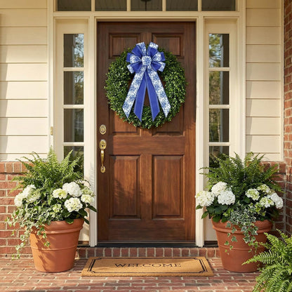 Chinoiserie Wreath Bow by Blue - 21-Inch Large Spring Floral Wired Ribbon for Front Door Decor