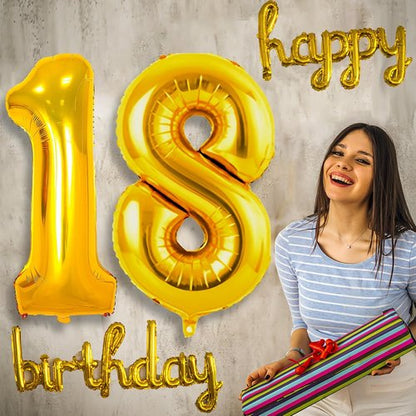 Large Gold 18 Balloon - 42 Inch Foil Mylar Number for 18th Birthday & Anniversary Celebrations