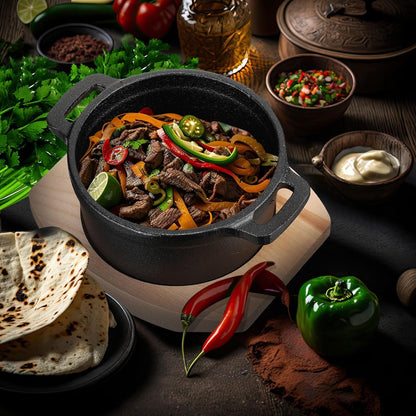 Skiennix 20 oz Dutch Oven Pot - Pre-Seasoned Cast Iron Casserole with Lid & Wooden Base | Heavy-Duty Mini Cocotte in Black