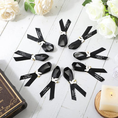 Dove Funeral Ribbons - 50 Pcs Classic Memorial Service Pins with Safety Pins | Black Mourning Bow