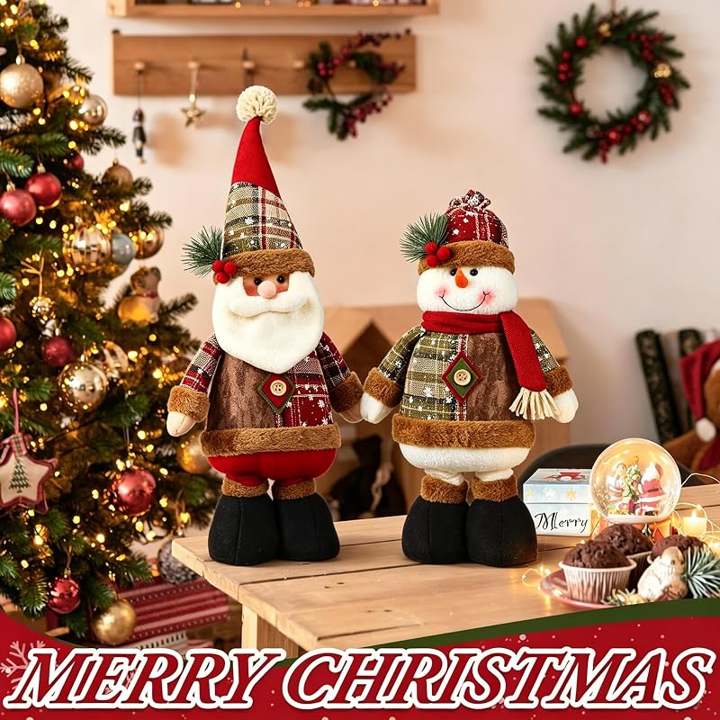 Christmas Extendable Santa & Snowman Plush Set - Standing Holiday Table Decor
