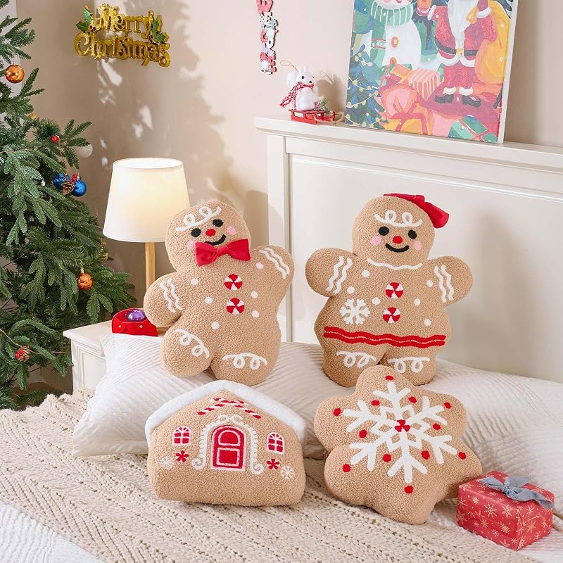 Lanpn 2-Pack Christmas Gingerbread Man Throw Pillows - Boy & Girl, 18.3'' x 15.2'' & 18.5'' x 16.3'', Soft Fleece Sherpa Xmas Decor
