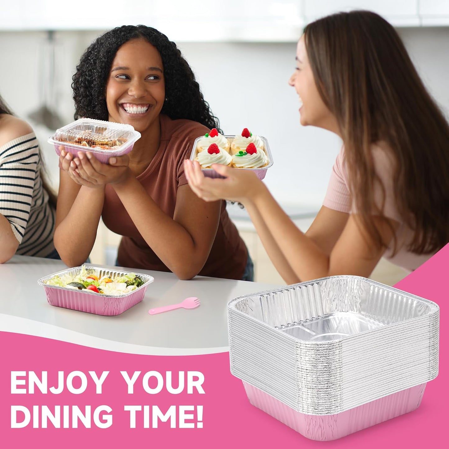 Regine Switzerland 35-Pack Pink 8x8 Inch Disposable Aluminum Foil Pans - Eco-Friendly Baking Trays with Lids & Stickers