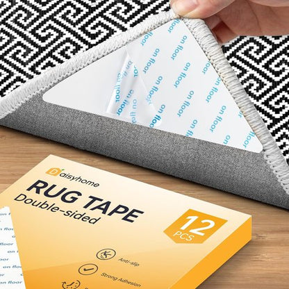Daisyhome Rug Tape - 12 PCS Double-Sided Adhesive Gripper for Hardwood Floors | Reusable Anti-Slip Area Rug Pads