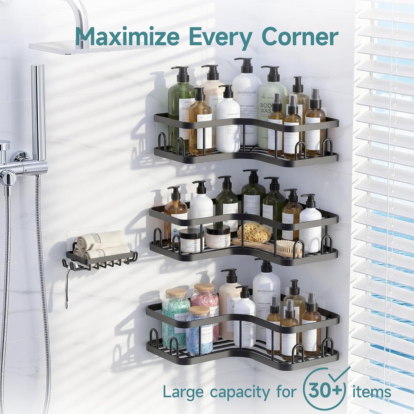 Veken Corner Adhesive Shower Caddy - Rustproof & Waterproof Bathroom Organizer | 4-Pack with Hooks & Soap Holder