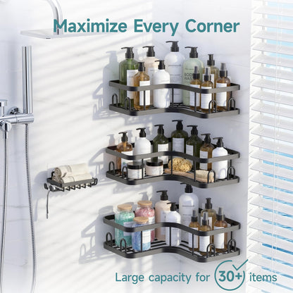 Veken Corner Adhesive Shower Caddy 4-Pack with Soap Holder&Hooks,No Drilling Shower Shelves,Rustproof & Waterproof Bathroom Organizers and Storage,Rack for Small Spaces, Kitchen&Rental-Friendly,Black