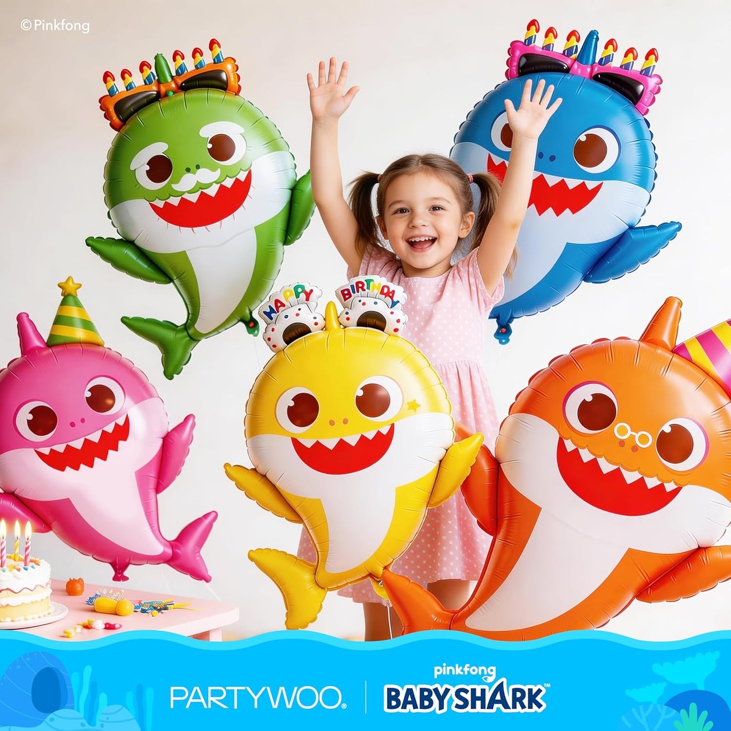 Baby Shark | PartyWoo Family Foil Balloons - 13pcs Pink Round & Star Mylar Set for Kids' Birthday Party Decorations