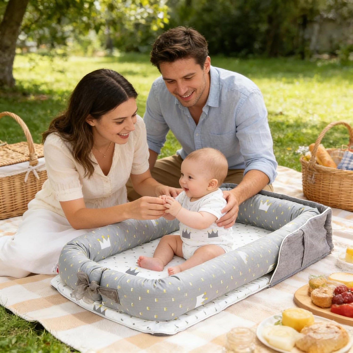 **Baby Lounger | 100% Cotton Breathable Infant Support Cushion - Adjustable Size, Portable for Home & Travel (Crown Grey)**