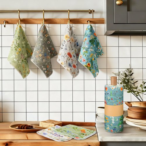 Redbaker 36 Pcs Reusable Paper Towels Rolls Kitchen Towels Bulk Washable Paperless Cloth Cotton Hand Napkins with Cardboard Reusable Napkins for Kitchen Bathroom (Flower Style)