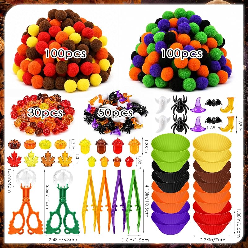 Fall Halloween 302-Piece Sensory Bin Set for Sorting & Counting – Includes Pumpkins, Ghosts, Leaves