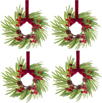 Skiennix Mini Christmas Wreaths - 15" Norfolk Pine Decor with Red Ribbon & Pine Cones | Set of 4