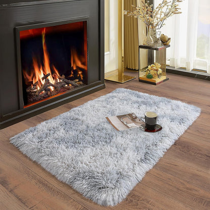 Skiennix Ultra Soft Runner Rug - Non-Slip Rubber Backing & Thick Memory Sponge | 2x3 Feet Light Grey Shag Area Rug