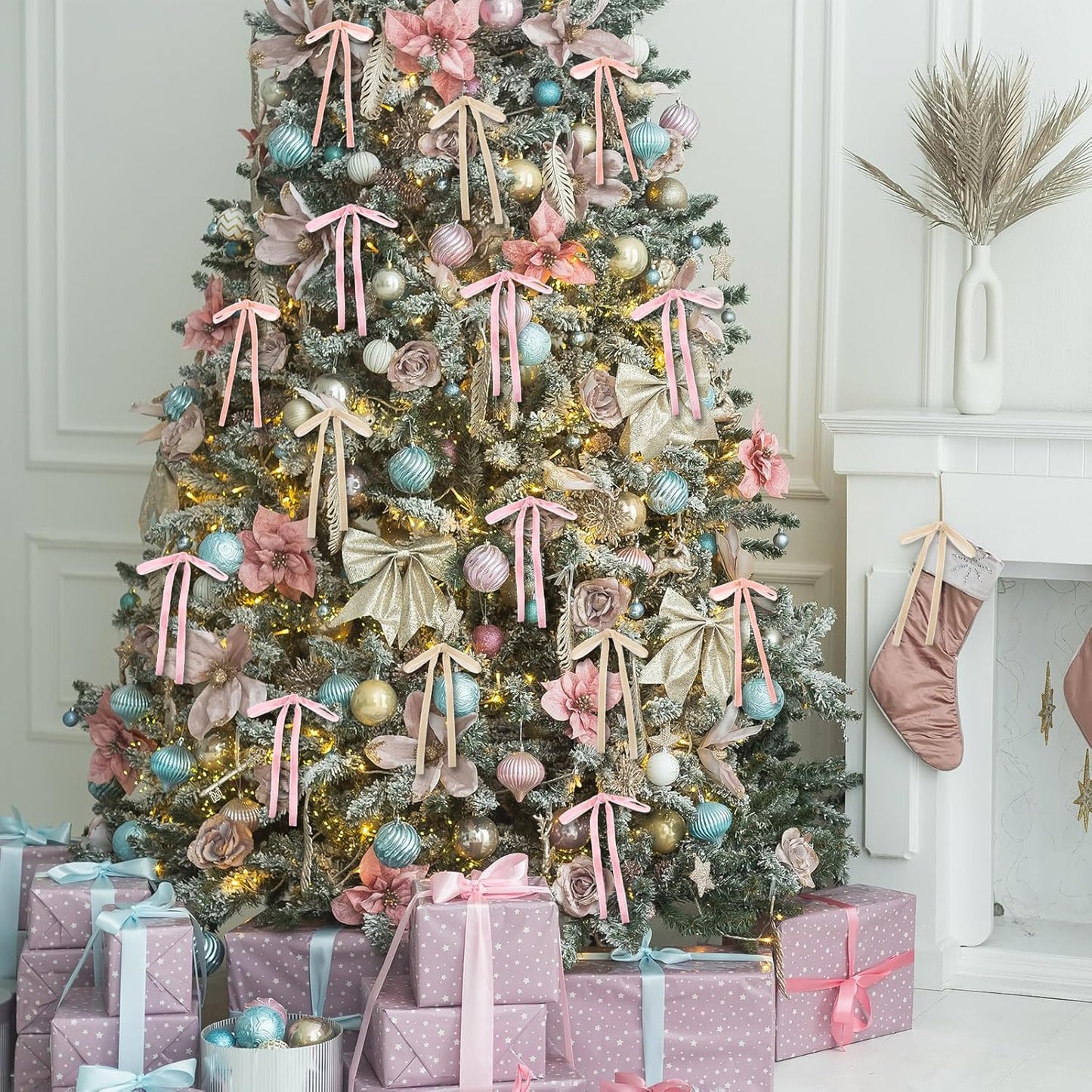 Skiennix 24 Pcs Velvet Bows - Vintage Ribbon Bows for Christmas Tree & Crafts | 5 x 7 Inch, Beige, Light Pink, Dusty Pink
