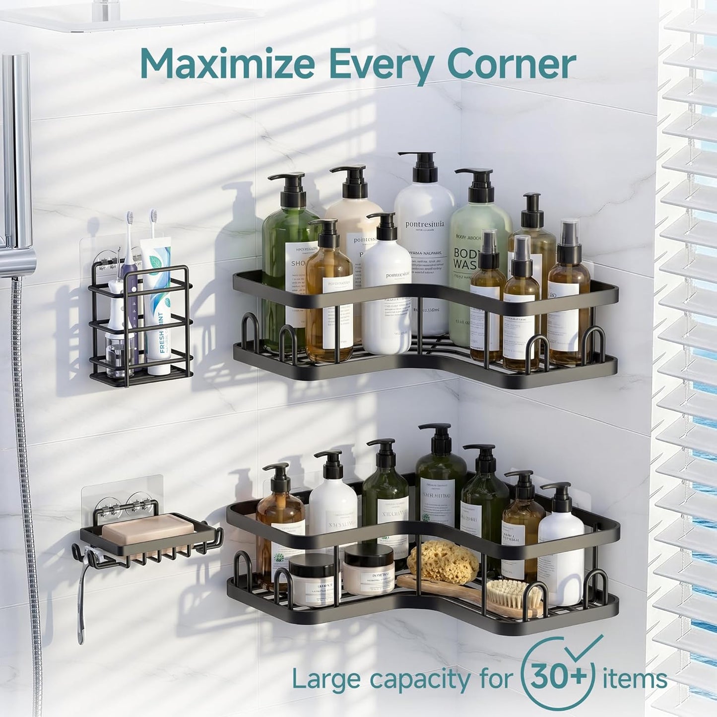 Veken Corner Shower Caddy - Rustproof Adhesive Shelves with Soap Holder | Large Capacity Bathroom Organizer - Black